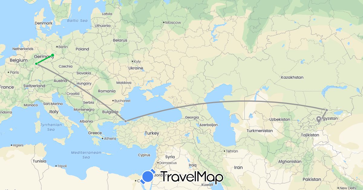 TravelMap itinerary: bus, plane in Germany, Kyrgyzstan, Turkey (Asia, Europe)